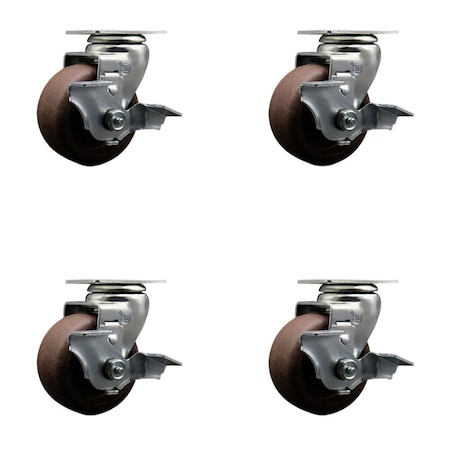 Service Caster 4'' High Temp Glass Filled Nylon Swivel Caster Set w/Roller Bearing and Brake, 4PK SCC-20S420-GFNRHT-TLB-4
